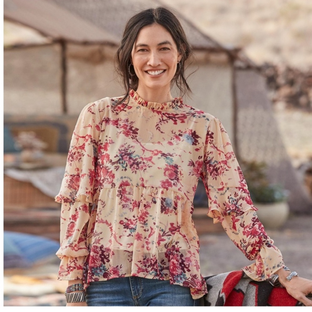 Sundance Floral Muse Ruffle Blouse - Cream and Red